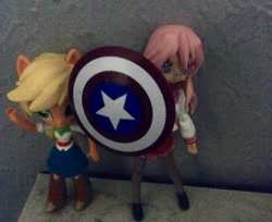 Size: 1936x1579 | Tagged: safe, artist:theanimefanz, imported from derpibooru, applejack, equestria girls, captain america, doll, equestria girls minis, eqventures of the minis, figma, hatless, irl, lucky star, marvel, missing accessory, photo, shield, takara miyuki, toy