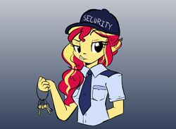 Size: 1000x731 | Tagged: safe, artist:little-tweenframes, deleted from derpibooru, imported from derpibooru, sunset shimmer, series:sciset diary, alternate hairstyle, bedroom eyes, cap, clothes, female, gradient background, hat, key, lip bite, ponytail, security guard, solo, uniform
