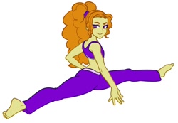 Size: 1228x848 | Tagged: safe, artist:rileyav, imported from derpibooru, adagio dazzle, equestria girls, barefoot, breasts, clothes, delicious flat chest, feet, female, legs, midriff, simple background, solo, splits, sports bra, spread legs, spreading, white background