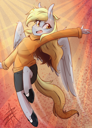 Size: 893x1233 | Tagged: safe, artist:myralilth, imported from derpibooru, derpy hooves, anthro, unguligrade anthro, abstract background, clothes, female, solo, sweater, underp