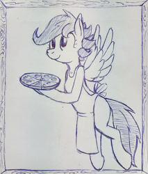 Size: 1275x1500 | Tagged: safe, artist:tg-0, imported from derpibooru, scootaloo, pegasus, pony, semi-anthro, unguligrade anthro, apron, arm hooves, ballpoint pen, clothes, cute, female, flying, food, hoof hold, monochrome, naked apron, older, pizza, sketch, smiling, solo, spread wings, traditional art
