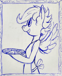 Size: 1217x1500 | Tagged: safe, artist:tg-0, imported from derpibooru, scootaloo, anthro, semi-anthro, apron, arm hooves, ballpoint pen, clothes, female, food, monochrome, naked apron, older, pizza, sketch, smiling, solo, traditional art