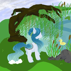 Size: 2000x2000 | Tagged: safe, artist:hirundoarvensis, imported from derpibooru, oc, oc only, oc:willow, duck, original species, pond pony, female, high res, lake, mare, solo, tree