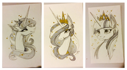 Size: 800x441 | Tagged: safe, artist:probablyfakeblonde, imported from derpibooru, princess celestia, princess luna, twilight sparkle, alicorn, pony, monochrome, new crown, traditional art, twilight sparkle (alicorn)