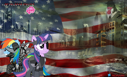 Size: 2292x1386 | Tagged: safe, artist:trungtranhaitrung, imported from derpibooru, rainbow dash, twilight sparkle, crossover, flag waving, metal gear, metal gear solid, metal gear solid 5, naked snake, raiden, raiden dash, skull face, solid sparkle, twilight snakle, united states