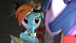 Size: 3840x2160 | Tagged: safe, artist:gaohaq, imported from derpibooru, rainbow dash, twilight sparkle, pony, 3d, chair, duo, hat, high res, journalist, pen, source filmmaker, writing