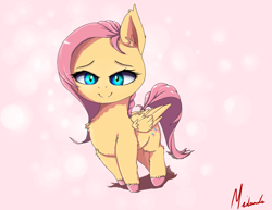 Size: 1400x1080 | Tagged: safe, artist:miokomata, imported from derpibooru, fluttershy, pony, chibi, cute, female, hnnng, looking at you, shyabetes, signature, smiling, solo