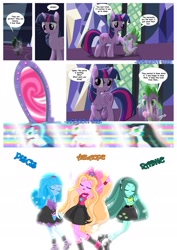 Size: 1600x2263 | Tagged: safe, artist:jucamovi1992, imported from derpibooru, spike, twilight sparkle, oc, oc:aglaope, oc:piscis, oc:radne, oc:the dark stars, equestria girls, bare shoulders, clothes, comic, engrish, hypnosis, hypnotized, magic mirror, mirror, portal, sleeveless, strapless, tanktop, tube top