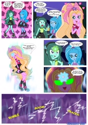 Size: 1600x2263 | Tagged: safe, artist:jucamovi1992, imported from derpibooru, oc, oc only, oc:aglaope, oc:piscis, oc:radne, oc:the dark stars, equestria girls, bare shoulders, canterlot high, clothes, comic, engrish, evil, sleeveless, strapless, tanktop, tube top