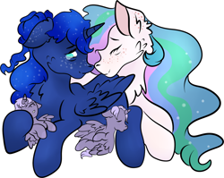 Size: 1024x815 | Tagged: safe, artist:bewarethemusicman, imported from derpibooru, princess celestia, princess luna, oc, oc:odin, oc:selene, alicorn, pony, alternate hairstyle, baby, baby pony, colt, female, filly, freckles, male, next generation, offspring, parent:princess luna, simple background, twins, white background