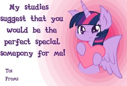 Size: 960x654 | Tagged: artist needed, source needed, safe, imported from derpibooru, twilight sparkle, alicorn, pony, female, heart, solo, text, twilight sparkle (alicorn), valentine's day card