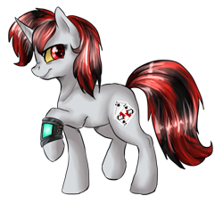 Size: 1087x997 | Tagged: safe, artist:not-ordinary-pony, imported from derpibooru, oc, oc only, oc:blackjack, pony, unicorn, fallout equestria, fallout equestria: project horizons, female, looking back, mare, raised hoof, simple background, smiling, solo