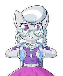 Size: 996x1200 | Tagged: safe, artist:phoenixperegrine, imported from derpibooru, silver spoon, earth pony, pony, semi-anthro, backpack, belly button, bipedal, braid, braided pigtails, clothes, cute, digital art, equestria girls outfit, female, glasses, jewelry, looking at you, looking forward, mare, midriff, necklace, randoseru, shirt, short shirt, silverbetes, simple background, skirt, smiling, solo, white background