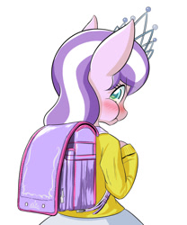 Size: 996x1200 | Tagged: safe, artist:phoenixperegrine, imported from derpibooru, diamond tiara, earth pony, pony, semi-anthro, backpack, bipedal, blushing, clothes, cute, digital art, equestria girls outfit, female, looking at you, looking back, mare, puffy cheeks, randoseru, rear view, simple background, skirt, solo, sweater, tiara, white background