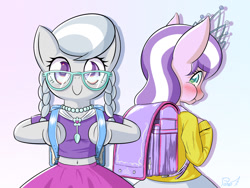 Size: 1600x1200 | Tagged: safe, artist:phoenixperegrine, imported from derpibooru, diamond tiara, silver spoon, earth pony, pony, semi-anthro, backpack, belly button, bipedal, blue background, blushing, braid, braided pigtails, clothes, cute, diamondbetes, digital art, duo, equestria girls outfit, female, glasses, gradient background, jewelry, looking at you, looking back, looking forward, mare, midriff, necklace, pigtails, pink background, puffy cheeks, randoseru, rear view, short shirt, silverbetes, skirt, smiling, standing, sweater, tiara