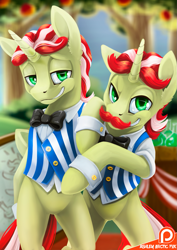 Size: 919x1300 | Tagged: safe, artist:arctic-fox, imported from derpibooru, flam, flim, pony, bipedal, duo, facial hair, flim flam brothers, grin, looking at you, moustache, patreon, patreon logo, smiling, sweet apple acres, twins