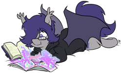 Size: 911x546 | Tagged: safe, artist:egophiliac, imported from derpibooru, oc, oc only, oc:dusk rhine, bat pony, pony, adorkable, book, clothes, comic book, cute, cutie mark, dork, fangs, glasses, hair over one eye, happy, hoodie, lying down, magic, male, reading, simple background, solo, spellbook, stallion, transparent background