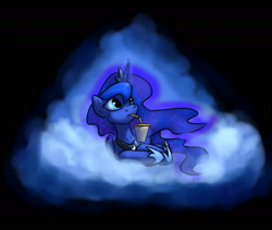 Size: 2000x1690 | Tagged: safe, artist:hieronymuswhite, imported from derpibooru, princess luna, pony, black background, cloud, drinking, female, magic, mare, prone, simple background, soda, solo, telekinesis