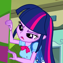 Size: 550x550 | Tagged: safe, imported from derpibooru, screencap, twilight sparkle, equestria girls, bowtie, cropped, door, female, solo, vending machine