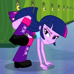 Size: 400x400 | Tagged: safe, imported from derpibooru, screencap, twilight sparkle, equestria girls, clothes, cropped, female, humans doing horse things, leg warmers, lockers, raised leg, shoes, sideass, skirt, skirt lift, solo