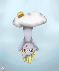 Size: 3668x4408 | Tagged: safe, artist:silverlove234, imported from derpibooru, derpy hooves, pegasus, pony, absurd resolution, cloud, derpy being derpy, female, food, mare, muffin, one ear down, solo, tongue out, upside down