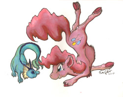 Size: 844x666 | Tagged: safe, artist:foxofwar, imported from derpibooru, pinkie pie, vaporeon, backbend, crossover, fluffy, grin, pokémon, simple background, smiling, traditional art, underhoof, unshorn fetlocks