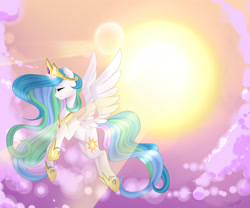 Size: 2400x2000 | Tagged: safe, artist:clefficia, imported from derpibooru, princess celestia, alicorn, pony, cloud, crepuscular rays, eyes closed, female, flying, high res, lens flare, mare, solo, sun
