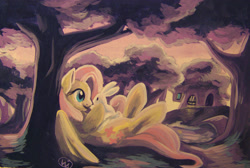 Size: 2594x1738 | Tagged: safe, artist:viv-chibi-love, imported from derpibooru, angel bunny, fluttershy, bridge, fluttershy's cottage, forest, on back, river, stream, traditional art, tree, twilight (astronomy)