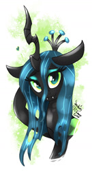 Size: 905x1680 | Tagged: safe, artist:joakaha, imported from derpibooru, queen chrysalis, changeling, changeling queen, fangs, female, floppy ears, heart, looking at you, signature, simple background, solo, white background
