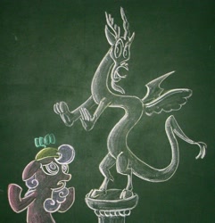 Size: 1988x2062 | Tagged: safe, artist:azdaracylius, imported from derpibooru, discord, screwball, chalk drawing, daddy discord, hat, statue discord, traditional art