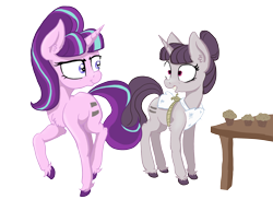 Size: 2976x2293 | Tagged: safe, artist:paskanaakka, derpibooru exclusive, imported from derpibooru, starlight glimmer, sugar belle, pony, unicorn, apron, chest fluff, clothes, colored hooves, duo, duo female, ear fluff, empty eyes, equal cutie mark, equalized, female, food, grin, muffin, no catchlights, s5 starlight, simple background, smiling, table, teeth, transparent background, unshorn fetlocks