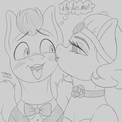 Size: 1280x1280 | Tagged: safe, artist:askamberfawn, imported from derpibooru, oc, oc only, oc:almond acres, oc:drummy, pony, blushing, crossdressing, kissing, open mouth, pomf, spanish, spread wings, wingboner