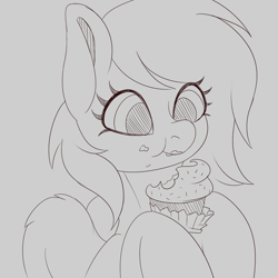 Size: 1280x1280 | Tagged: safe, artist:askamberfawn, imported from derpibooru, oc, oc only, oc:azure skies, pony, cupcake, eating, female, food, monochrome, solo