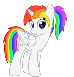 Size: 2000x2078 | Tagged: safe, artist:prismawatercolor, deleted from derpibooru, imported from derpibooru, oc, oc only, oc:prisma watercolor, alicorn, pony, alicorn oc, cutie mark, female, freckles, ponytail, rainbow hair, simple background, solo, transparent background, vector