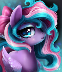 Size: 1043x1200 | Tagged: safe, artist:paintedhoofprints, imported from derpibooru, oc, oc only, oc:spirit sparkle, pegasus, pony, bow, bust, commission, eyeshadow, female, hair bow, lidded eyes, looking at you, makeup, mare, multicolored hair, solo