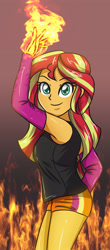 Size: 1651x3736 | Tagged: safe, artist:sumin6301, imported from derpibooru, sunset shimmer, equestria girls, adorasexy, arm warmers, armpits, chandra nalaar, clothes, cute, female, fiery shimmer, fire, gradient background, king of fighters, kyo kusanagi, legs, looking at you, magic, magic the gathering, pyromancy, sexy, shimmerbetes, shorts, smiling, solo, stupid sexy sunset shimmer