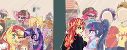 Size: 3600x1430 | Tagged: safe, artist:aka-ryuga, artist:phyllismi, imported from derpibooru, applejack, fluttershy, pinkie pie, rainbow dash, rarity, sci-twi, spike, sunset shimmer, twilight sparkle, alicorn, human, pony, rowlet, equestria girls, clothes, collaboration, counterparts, cute, double date, equestria girls ponified, female, lesbian, mannequin, pokémon, ponified, scitwishimmer, shipping, sunsetsparkle, twilight sparkle (alicorn), twilight's counterparts, twolight, window