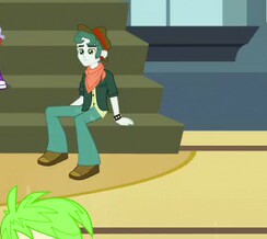 Size: 244x218 | Tagged: safe, imported from derpibooru, screencap, cherry crash, cloudy kicks, scott green, equestria girls, friendship games, background human, bleachers, clothes, shoes, sitting, sneakers