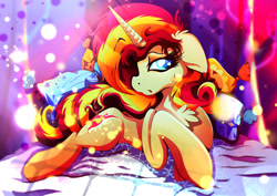 Size: 1920x1358 | Tagged: safe, artist:rariedash, imported from derpibooru, sunset shimmer, pony, unicorn, bed, chest fluff, female, floppy ears, pillow, prone, solo