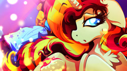 Size: 1920x1080 | Tagged: safe, artist:rariedash, imported from derpibooru, sunset shimmer, pony, unicorn, bed, chest fluff, female, floppy ears, pillow, prone, solo, wallpaper