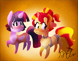 Size: 1024x807 | Tagged: dead source, safe, artist:shellielle, imported from derpibooru, sunset shimmer, twilight sparkle, alicorn, pony, unicorn, bikini, blushing, clothes, duo, duo female, embarrassed, female, lesbian, one-piece swimsuit, raised hoof, shipping, sunsetsparkle, swimsuit, twilight sparkle (alicorn)