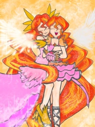 Size: 1536x2048 | Tagged: safe, artist:lilith-chan, imported from derpibooru, sunset shimmer, equestria girls, daydream shimmer, duality, duo, eyes closed, female, hug, self paradox, smiling, solo