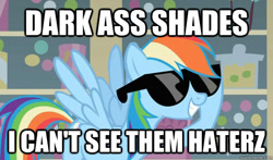 Size: 581x341 | Tagged: safe, edit, edited screencap, imported from derpibooru, screencap, rainbow dash, the mysterious mare do well, female, haters, image macro, meme, smiling, solo, sunglasses, text, vulgar
