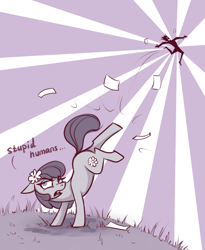 Size: 762x929 | Tagged: safe, artist:28gooddays, imported from derpibooru, lily, lily valley, human, pony, annoyed, bucking, dialogue, misanthropy, monochrome, paper, twinkle in the sky