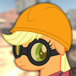 Size: 1054x1054 | Tagged: safe, artist:avastindy, editor:moonatik, imported from derpibooru, applejack, pony, bust, engiejack, engineer, female, hard hat, profile picture, solo, team fortress 2, upward, vector