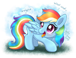 Size: 1180x900 | Tagged: safe, artist:joakaha, imported from derpibooru, rainbow dash, pegasus, pony, barking, behaving like a dog, blushing, colored pupils, cute, dashabetes, female, hnnng, looking back, mare, open mouth, panting, pet, pet play, signature, smiling, solo, tongue out