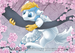 Size: 1000x707 | Tagged: safe, artist:arctic-fox, imported from derpibooru, oc, oc only, oc:cirrus sky, hippogriff, hybrid, calendar, cherry blossoms, claws, cute, floppy ears, flower, flower blossom, male, solo, stallion, tree