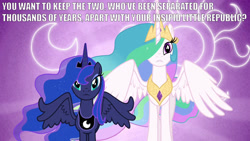 Size: 1280x720 | Tagged: safe, edit, edited screencap, imported from derpibooru, screencap, princess celestia, princess luna, the crystal empire, downvote bait, grammar error, meme, new lunar republic, op can't let go, op is a duck, op is trying to start shit, solar empire, text