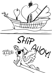 Size: 1382x1946 | Tagged: safe, artist:chopsticks, derpibooru exclusive, imported from derpibooru, princess cadance, alicorn, pony, eyepatch, female, funny, heart, humor, literal shipping, magic, monochrome, princess of shipping, pun, ship, shipper, shipper on deck, shout, solo, spyglass, telekinesis, text, visual pun, water