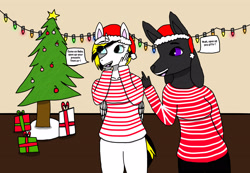 Size: 3514x2432 | Tagged: safe, imported from derpibooru, oc, oc only, oc:bloodfang, oc:thunder scratch, alicorn, anthro, lucario, alicorn oc, anthro oc, commission, dialogue, digital art, female, hearth's warming eve, non-mlp oc, pokémon, rule 63